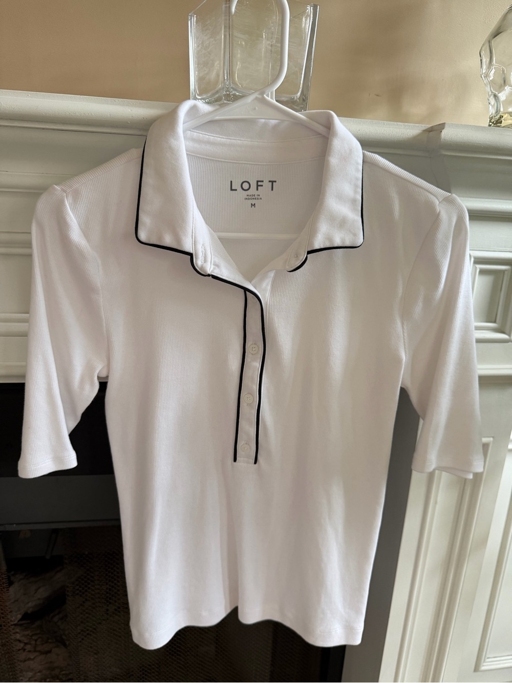 Loft White Ribbed Polo Shirt Black Piping Trim Elbow Sleeve Top Medium M